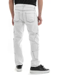 Pantaloni Uomo Lungo Cargo Jeans Bianco Tasche Straight Fit GIOSAL-P5661A