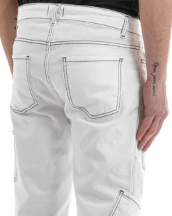 Pantaloni Uomo Lungo Cargo Jeans Bianco Tasche Straight Fit GIOSAL-P5661A