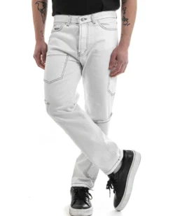 Pantaloni Uomo Lungo Cargo Jeans Bianco Tasche Straight Fit GIOSAL-P5661A