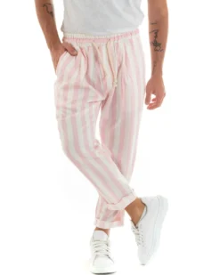 Pantaloni Uomo Pantalaccio Cotone Viscosa Lungo Jogger Casual Con Coulisse Con Elastico Rigato Rosa GIOSAL-P5873A