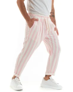 Pantaloni Uomo Pantalaccio Cotone Viscosa Lungo Jogger Casual Con Coulisse Con Elastico Rigato Rosa GIOSAL-P5873A