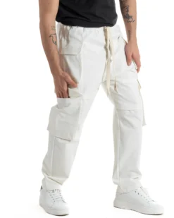 Pantaloni Uomo Pantalaccio Con Tasconi Cargo Baggy Bianco Con Coulisse Fondo Largo GIOSAL-P6007A