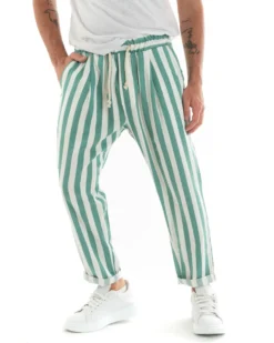 Pantaloni Uomo Pantalaccio Cotone Viscosa Lungo Jogger Casual Con Coulisse Con Elastico Rigato Verde GIOSAL-P5875A