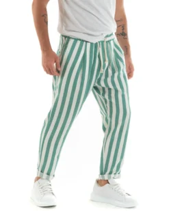 Pantaloni Uomo Pantalaccio Cotone Viscosa Lungo Jogger Casual Con Coulisse Con Elastico Rigato Verde GIOSAL-P5875A