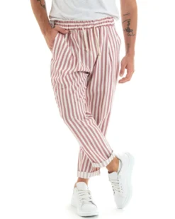 Pantaloni Uomo Pantalaccio Lungo Coulisse Elastico Cotone Viscosa Rigato Rosa GIOSAL-P5872A