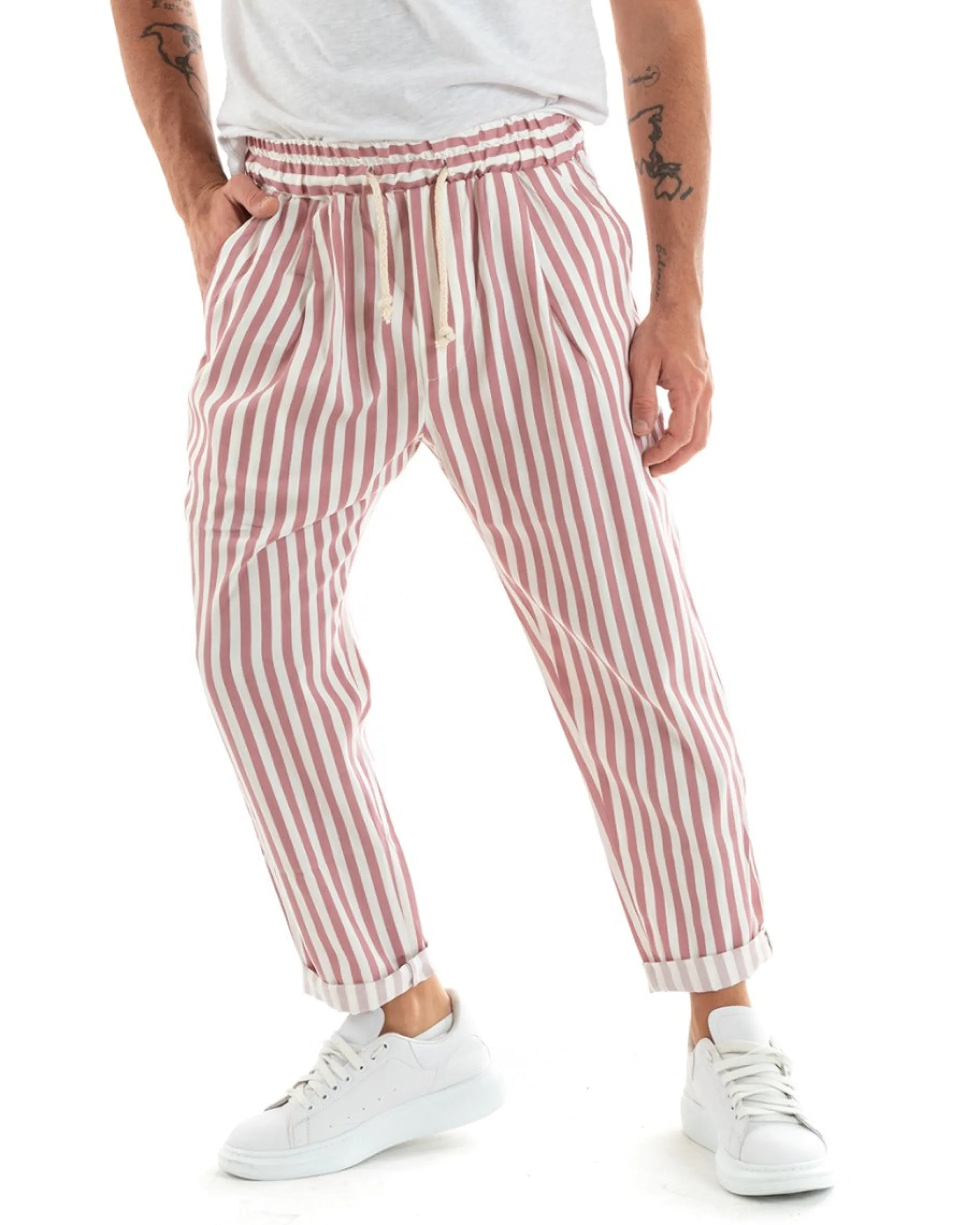 Pantaloni Uomo Pantalaccio Lungo Coulisse Elastico Cotone Viscosa Rigato Rosa GIOSAL-P5872A