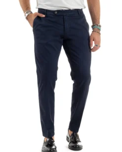Pantaloni Uomo Tasche America Abbottonatura Allungata Cotone Invernale Capri Slim Blu P6176A
