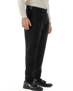 Pantaloni Uomo Velluto Costine Vita Alta Gurkha Pants Abbottonatura Allungata Fibbie Nero BlackSunday P6428A