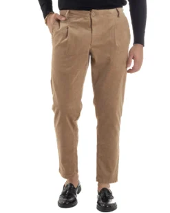 Pantaloni Uomo Velluto Tasche America Pinces Chino Beige P6415A