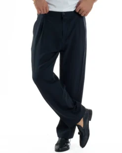 Pantaloni Uomo Viscosa Baggy Con Pinces Relaxed Fit Blu P6352A