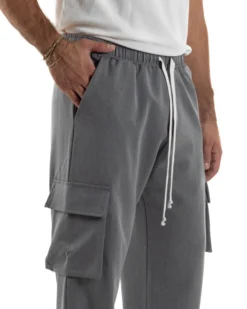 Pantaloni Uomo Viscosa Cargo Baggy Tinta Unita Grigio P6359A