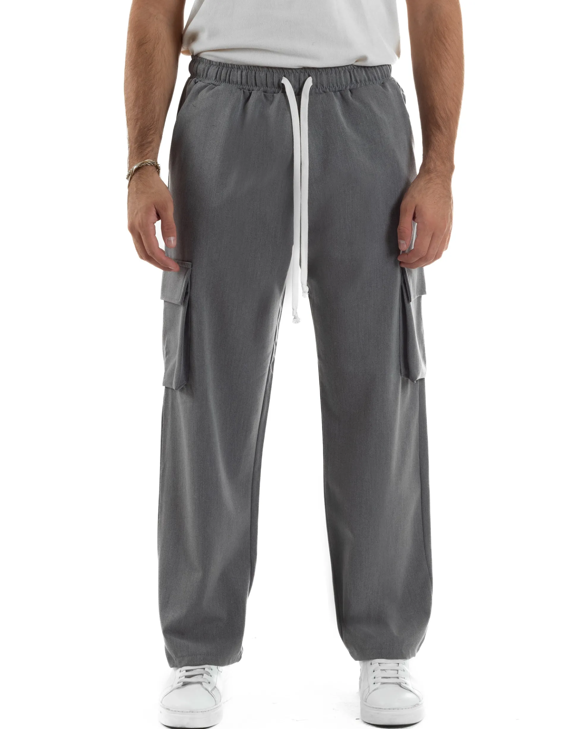 Pantaloni Uomo Viscosa Cargo Baggy Tinta Unita Grigio P6359A