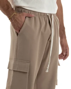 Pantaloni Uomo Viscosa Cargo Baggy Tinta Unita Camel P6360A