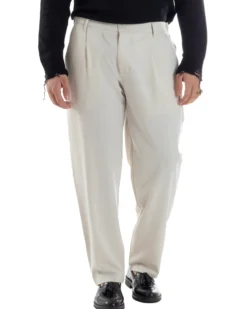 Pantaloni Uomo Viscosa Fondo Largo Baggy Con Pinces Comodo Elastico Sul Retro Relaxed Fit Casual Elegante Panna GIOSAL-P6239A