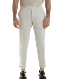 Pantaloni Uomo Viscosa Morbida Tasche America Abbottonatura Allungata Elastico Sul Retro Comodo Casual Tinta Unita Panna GIOSAL-P6217A