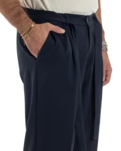 Pantaloni Uomo Viscosa Palazzo Fondo Ampio Cintura Baggy Blu P6401A