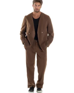 Pantaloni Uomo Viscosa Palazzo Gamba Larga Spacchi Al Fondo Ampio Jogger Comodo Casual Tinta Unita Marrone GIOSAL-P6296A