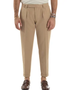 Pantaloni Uomo Viscosa Pinces Classico Abbottonatura Allungata Beige P6397A