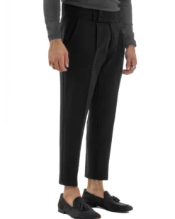 Pantaloni Uomo Viscosa Vita Alta Con Pinces Classico Casual Nero P6375A