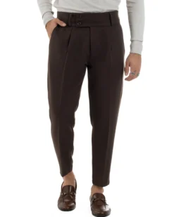 Pantaloni Uomo Viscosa Vita Alta Con Pinces Classico Casual Marrone P6377A