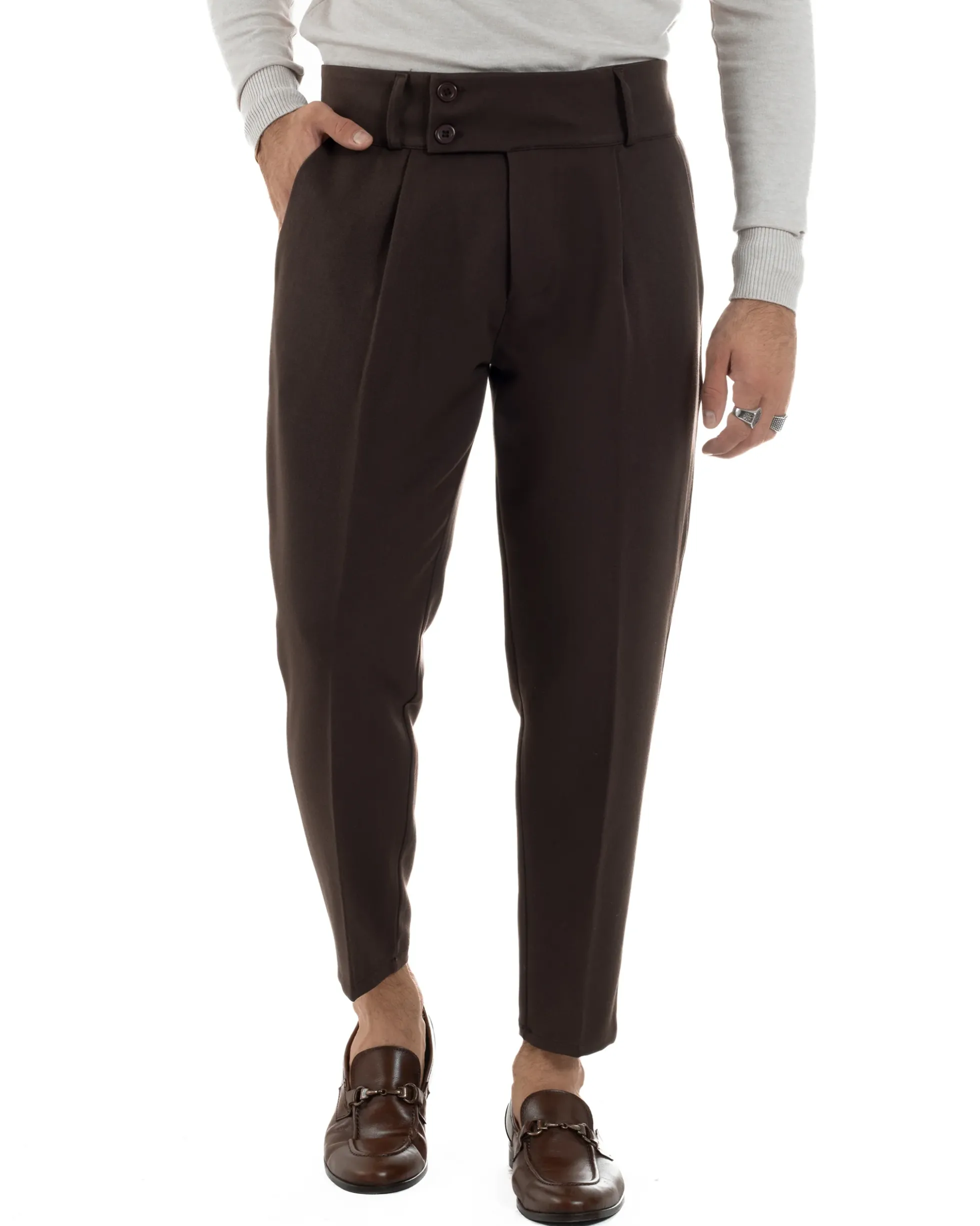 Pantaloni Uomo Viscosa Vita Alta Con Pinces Classico Casual Marrone P6377A