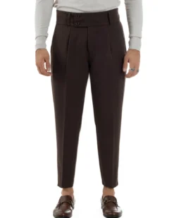 Pantaloni Uomo Viscosa Vita Alta Con Pinces Classico Casual Marrone P6377A