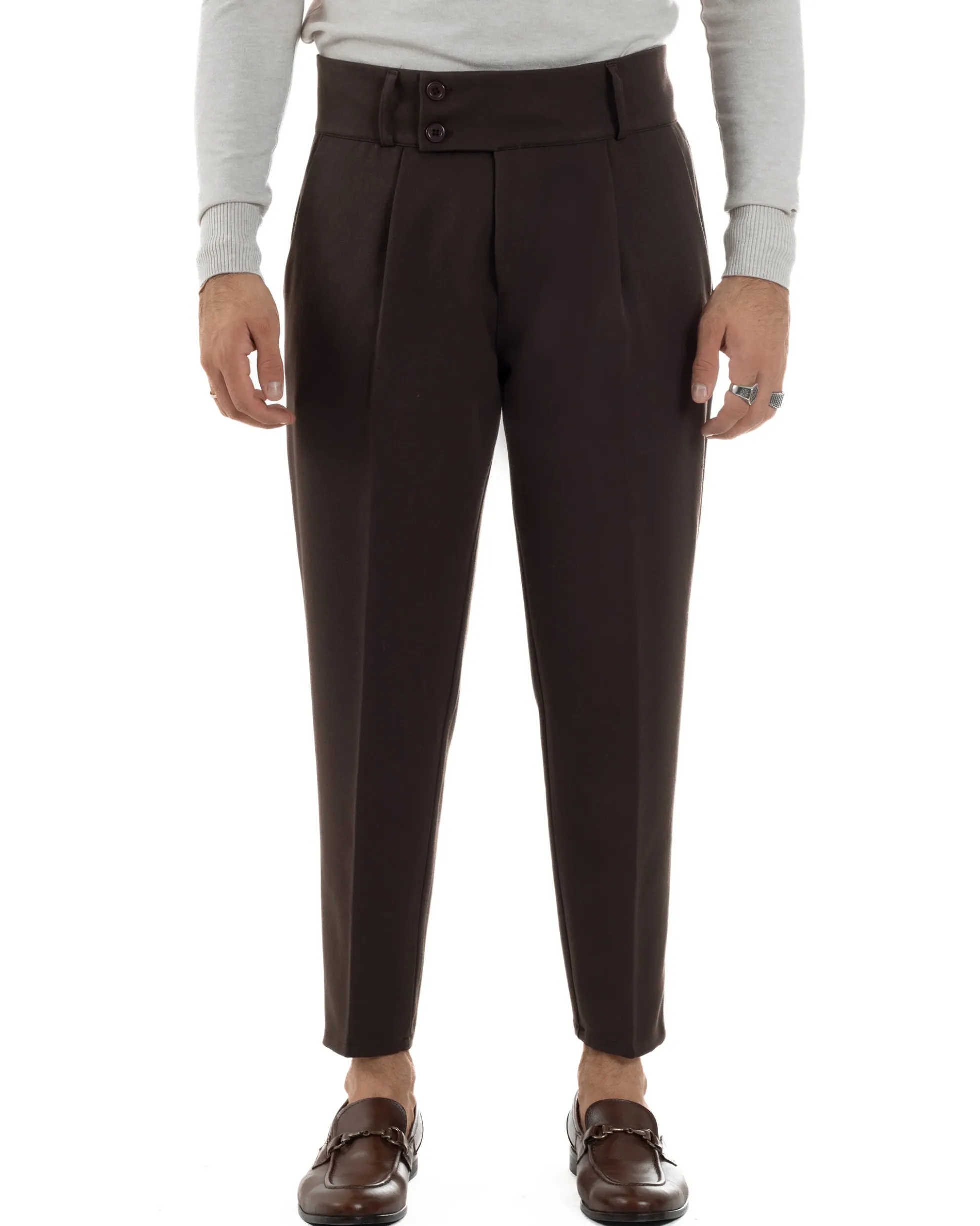 Pantaloni Uomo Viscosa Vita Alta Con Pinces Classico Casual Marrone P6377A