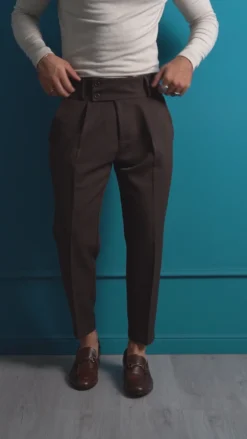 Pantaloni Uomo Viscosa Vita Alta Con Pinces Classico Casual Marrone P6377A