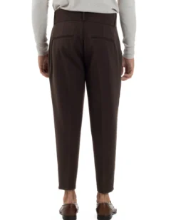Pantaloni Uomo Viscosa Vita Alta Con Pinces Classico Casual Marrone P6377A