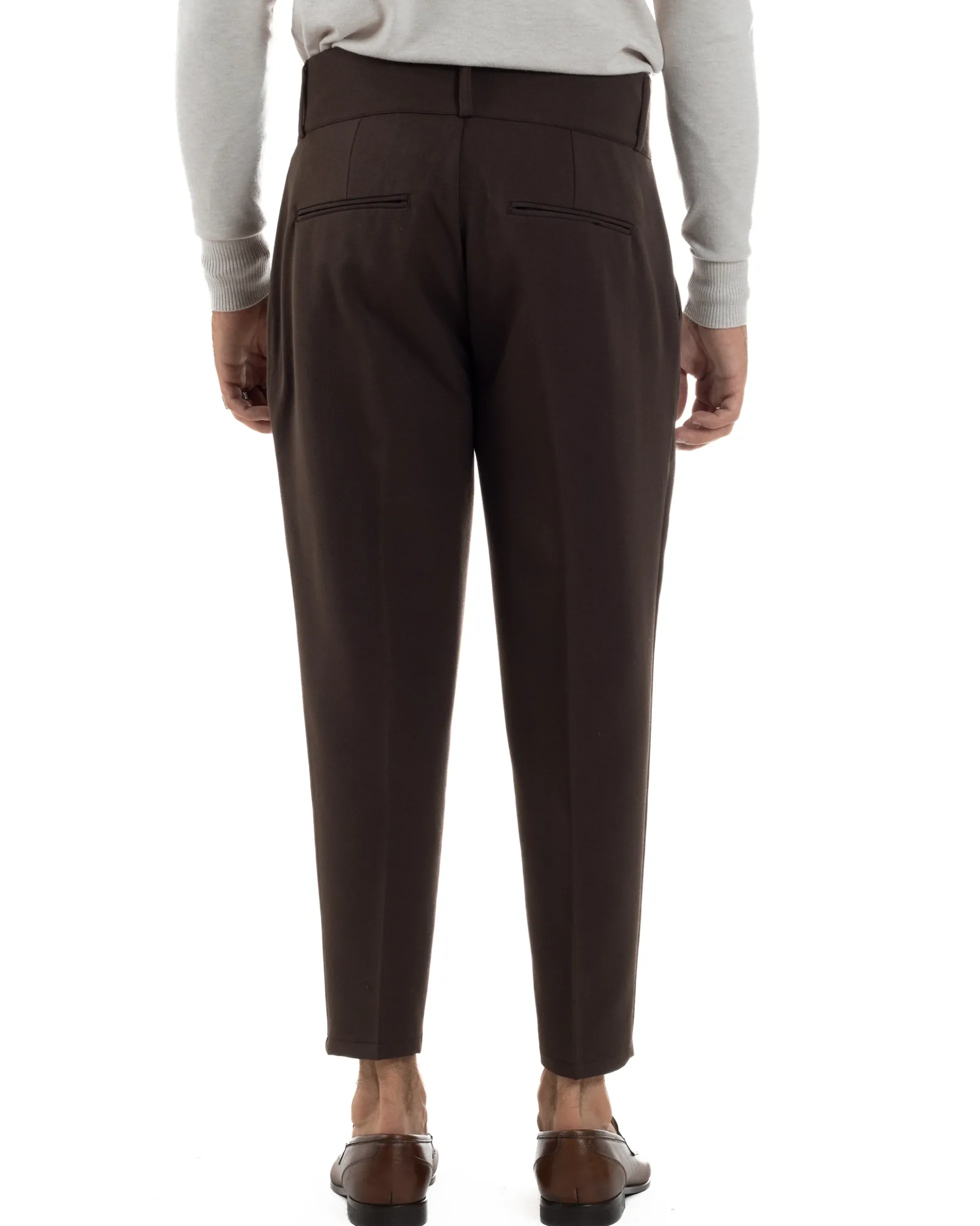 Pantaloni Uomo Viscosa Vita Alta Con Pinces Classico Casual Marrone P6377A