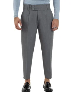 Pantaloni Uomo Viscosa Vita Alta Con Pinces Classico Casual Grigio P6372A