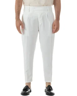 Pantaloni uomo vita alta con pinces classico bustino abbottonatura allungata casual viscosa estivo bianco GIOSAL-P6452A
