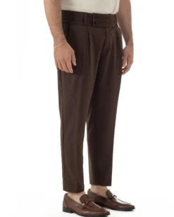 Pantaloni uomo vita alta con pinces classico bustino abbottonatura allungata casual viscosa estivo marrone GIOSAL-P6450A