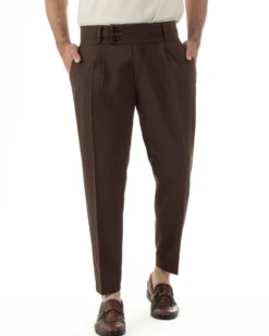 Pantaloni uomo vita alta con pinces classico bustino abbottonatura allungata casual viscosa estivo marrone GIOSAL-P6450A