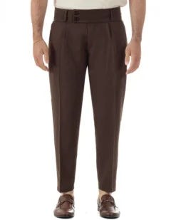 Pantaloni uomo vita alta con pinces classico bustino abbottonatura allungata casual viscosa estivo marrone GIOSAL-P6450A