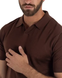 Polo uomo filo maglia basic colletto aperto sottogiacca marrone GIOSAL-TS3288A