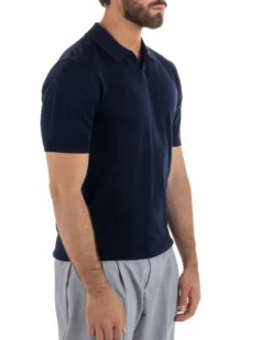 Polo uomo filo maglia basic colletto aperto sottogiacca blu GIOSAL-TS3285A