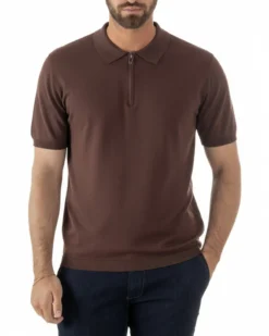 Polo uomo filo maglia colletto con zip t-shirt sottogiacca leggera marrone GIOSAL-TS3209A