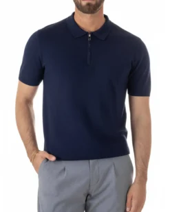 Polo uomo filo maglia colletto con zip t-shirt sottogiacca leggera blu GIOSAL-TS3210A