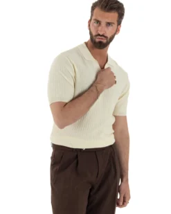 Polo uomo filo maglia costine colletto t-shirt sottogiacca scollo v panna GIOSAL-TS3218A