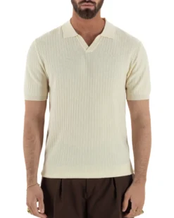Polo uomo filo maglia costine colletto t-shirt sottogiacca scollo v panna GIOSAL-TS3218A