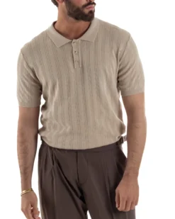 Polo uomo filo maglia costine colletto con bottoni t-shirt sottogiacca beige GIOSAL-TS3271A