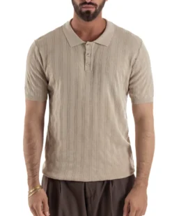 Polo uomo filo maglia costine colletto con bottoni t-shirt sottogiacca beige GIOSAL-TS3271A