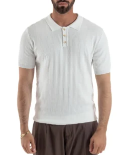 Polo uomo filo maglia costine colletto con bottoni t-shirt sottogiacca bianco GIOSAL-TS3272A