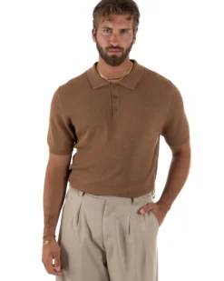 Polo uomo filo maglia nido d'ape colletto t-shirt sottogiacca camel GIOSAL-TS3317A