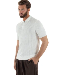 Polo uomo filo maglia trecce colletto con zip t-shirt sottogiacca leggera bianco GIOSAL-TS3226A