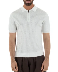 Polo uomo filo maglia trecce colletto con zip t-shirt sottogiacca leggera bianco GIOSAL-TS3226A