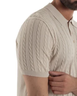 Polo uomo filo maglia trecce colletto con bottoni t-shirt sottogiacca beige GIOSAL-TS3268A