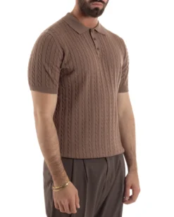 Polo uomo filo maglia trecce colletto con bottoni t-shirt sottogiacca marrone GIOSAL-TS3269A