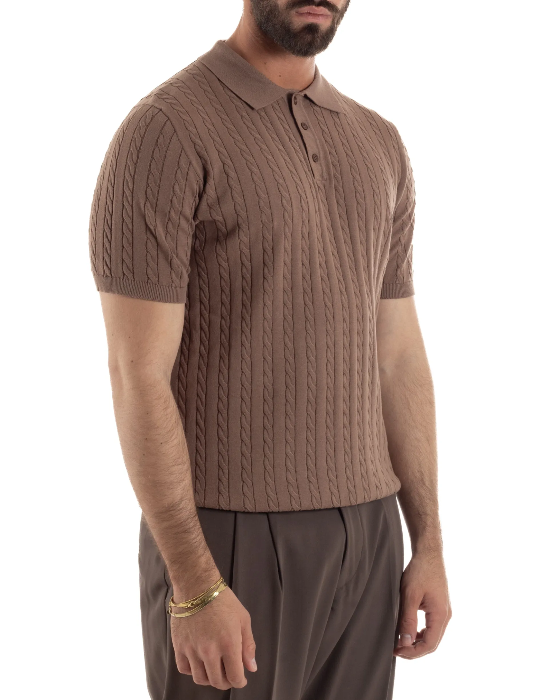 Polo uomo filo maglia trecce colletto con bottoni t-shirt sottogiacca marrone GIOSAL-TS3269A